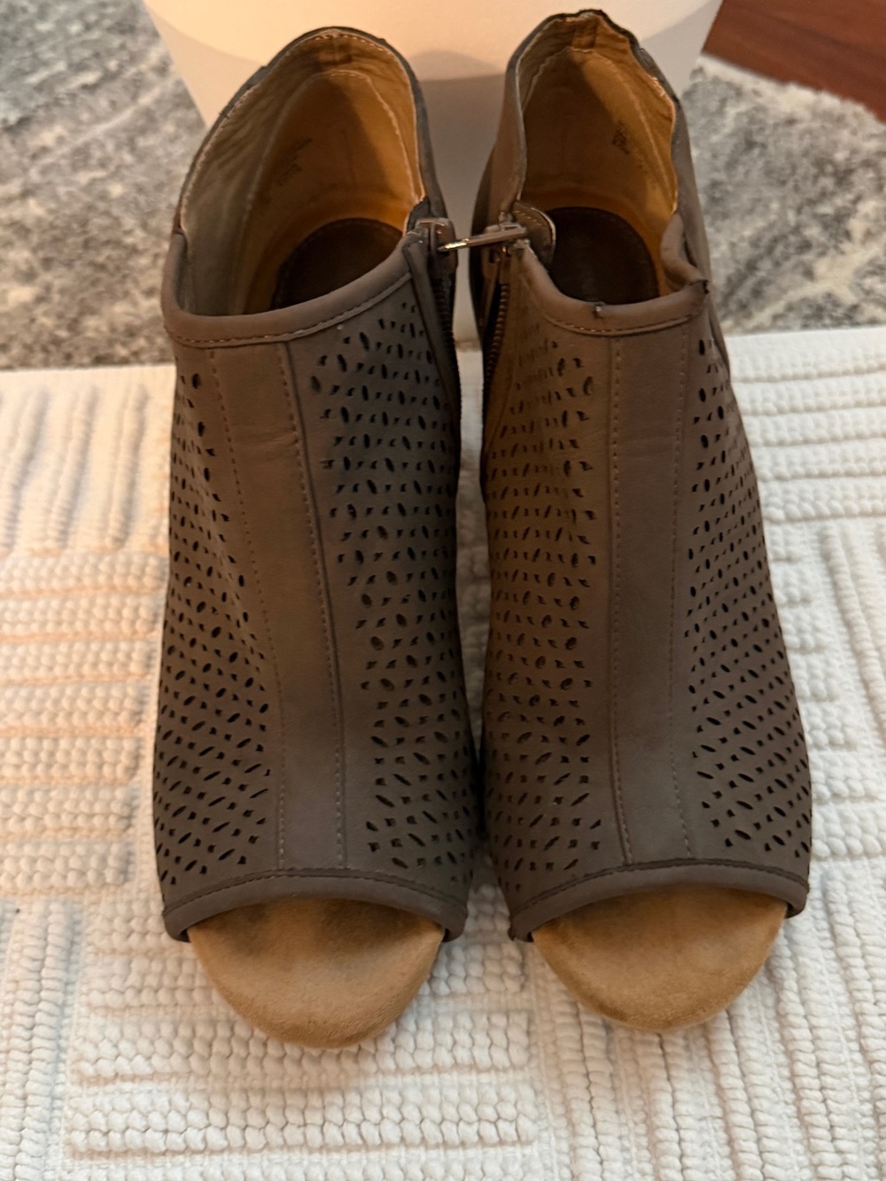 Perforated Peep-Toe Ankle Booties in Olive Green/Dark Taupe/Army Green